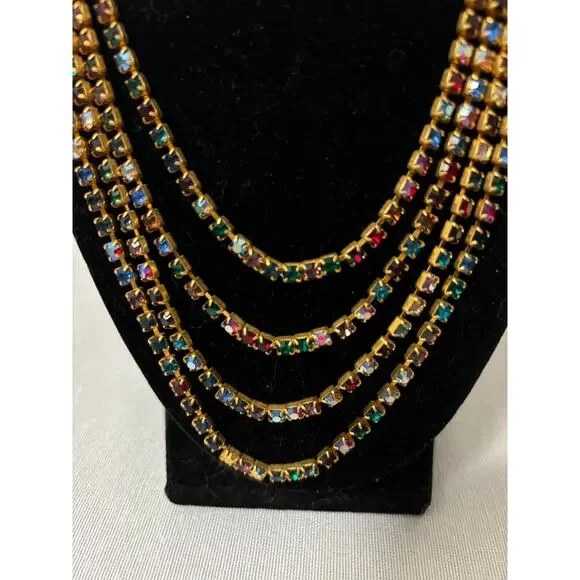 Vintage 70's Necklace Multicolor Aurora Borealis Crystals Gold Tone Stunning - Picture 2 of 7